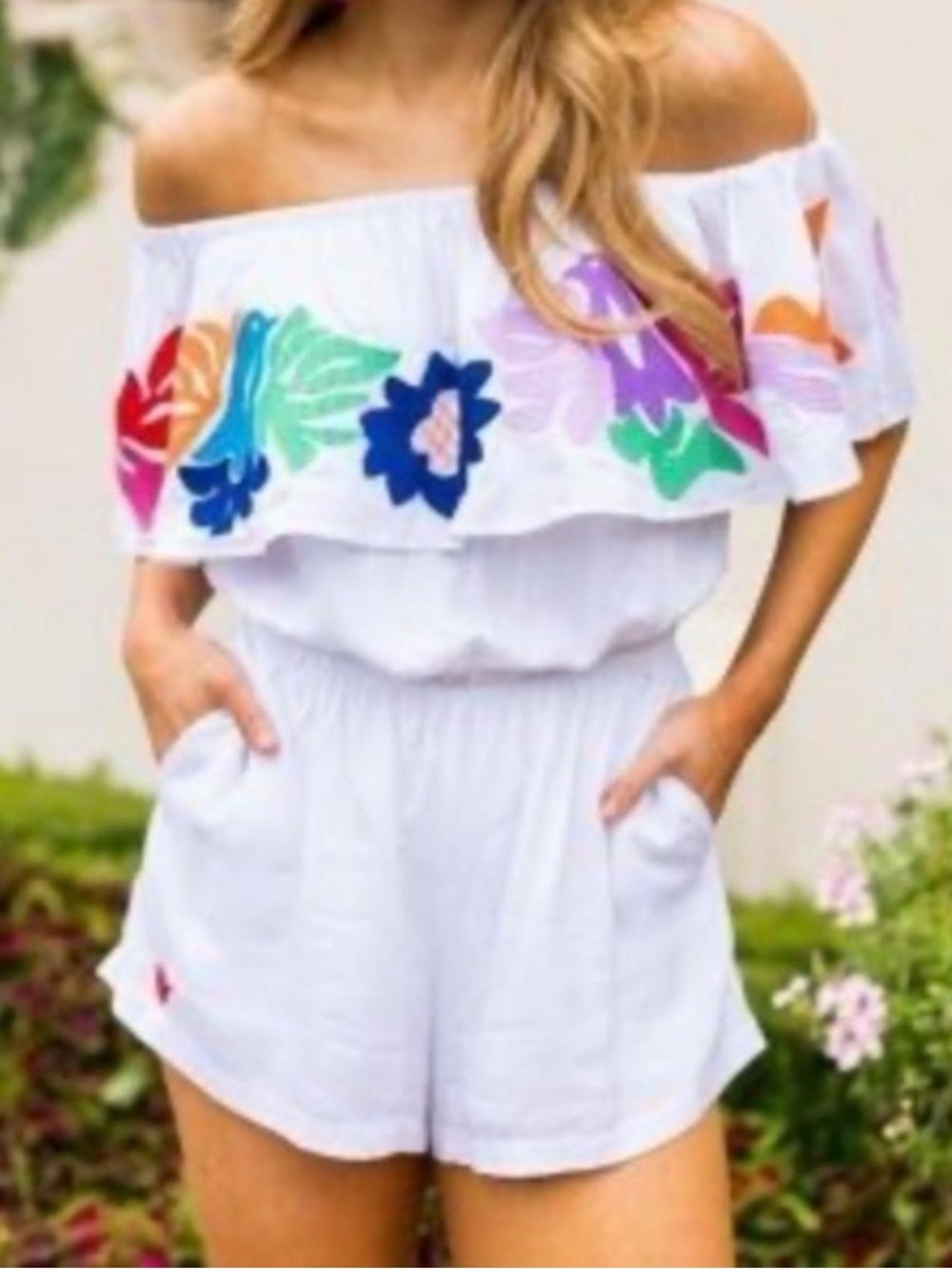 J. Marie Maya Rayon Embroidered Floral Colorful Off The Shoulder Romper Size S